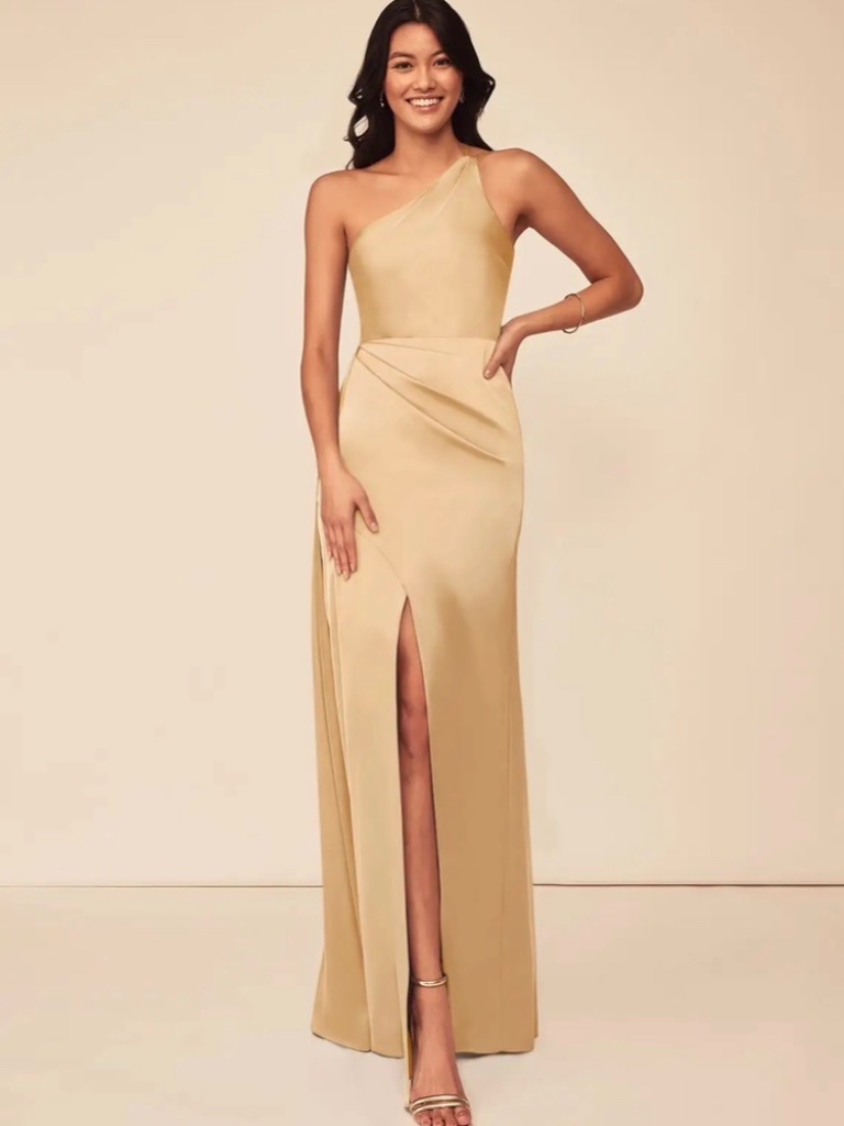 New Azazie Maron Size 4 Gold Satin Metallic Bridesmaid Dress A4 One Shoulder